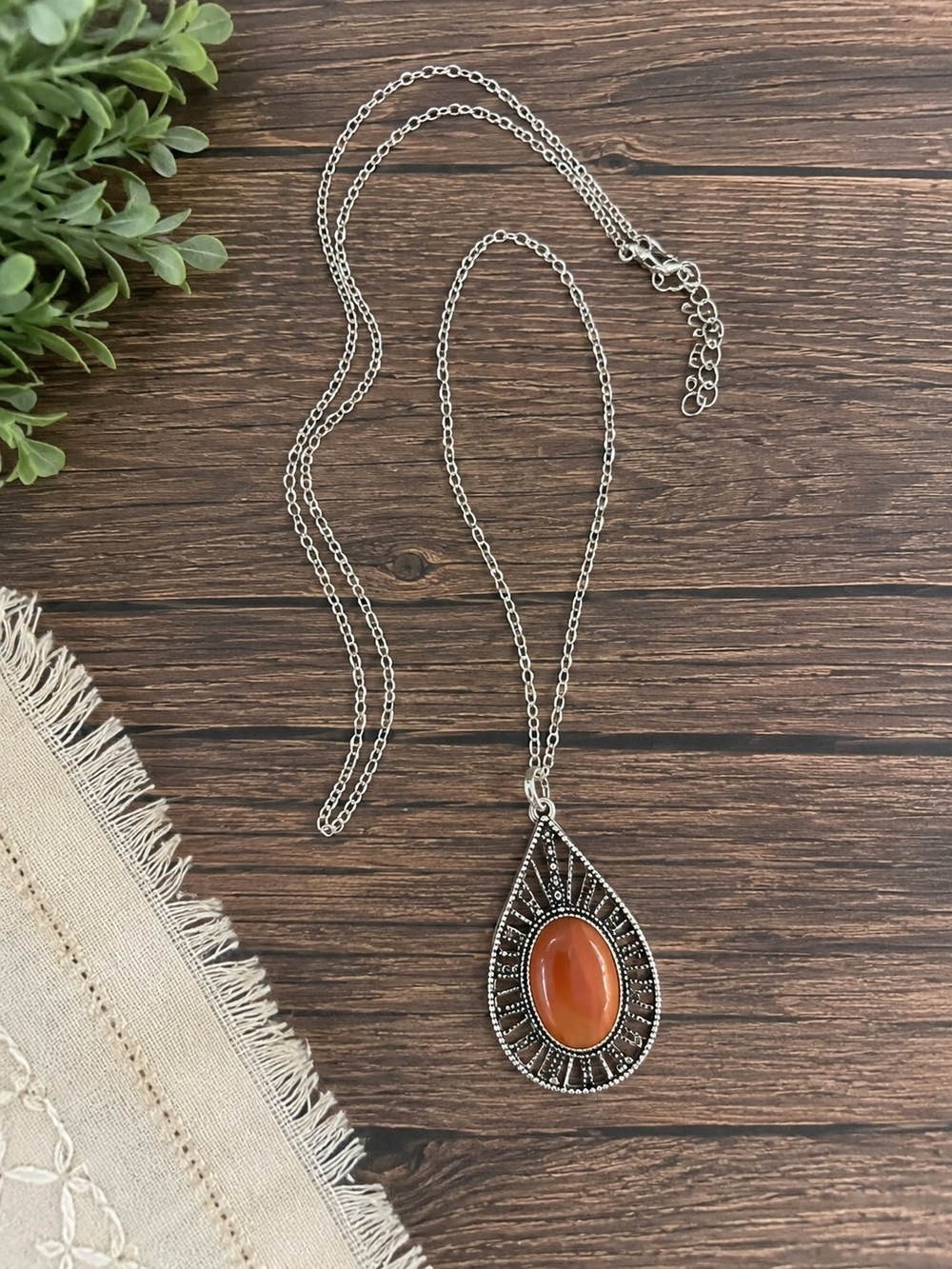 Silver Tone Teardrop Pendant Necklace with Orange Cabochon | Boho Southwest
